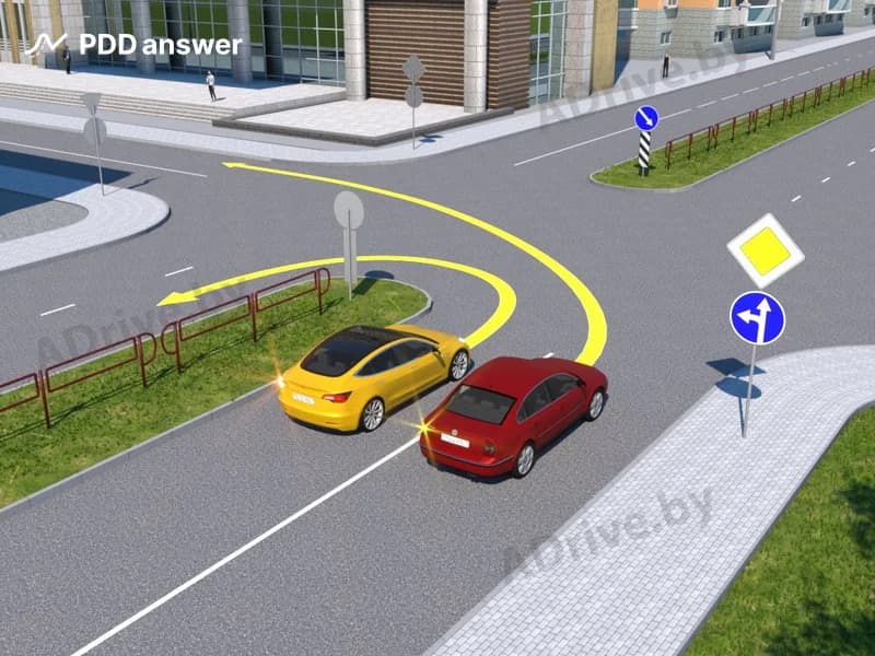 Разрешено ли водителю красного автомобиля повернуть налево так, как показано на рисунке?