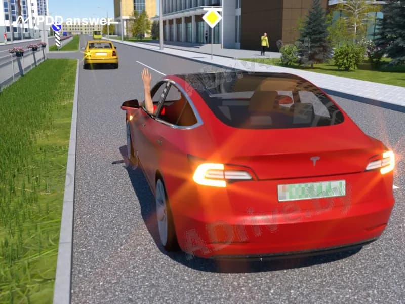 Какому сигналу соответствует жест, показанный водителем красного автомобиля?