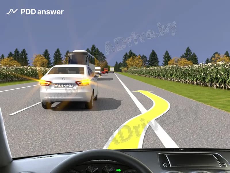 Разрешается ли произвести опережение по обочине в показанной ситуации, если скорость впереди движущегося транспортного средства составляет 20 км/ч?