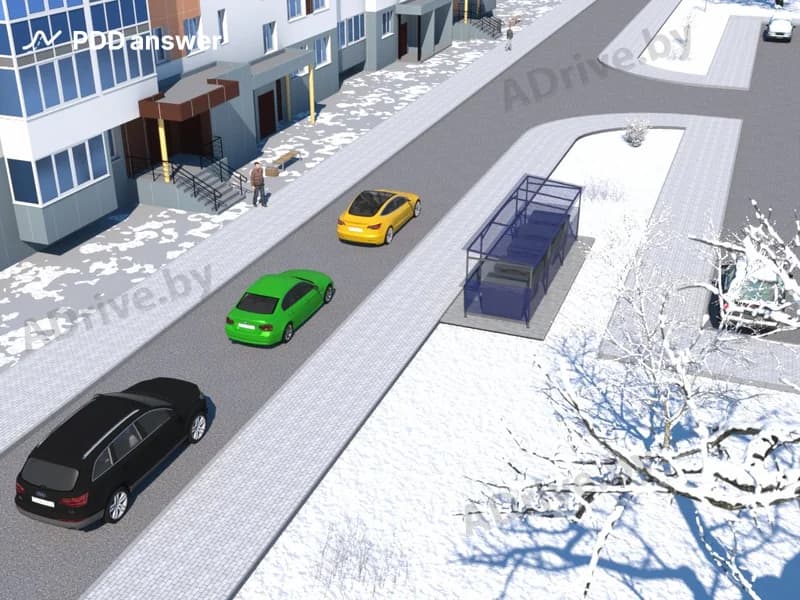 Разрешается ли водителю жёлтого автомобиля двигаться в жилой зоне со скоростью более 20 км/ч, если за ним скопилось несколько автомобилей?