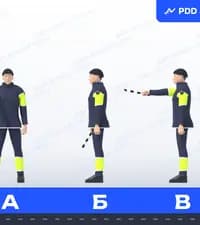 Какие из показанных сигналов регулировщика, учитывая его положение, не запрещают пешеходам перейти проезжую часть дороги справа от регулировщика?