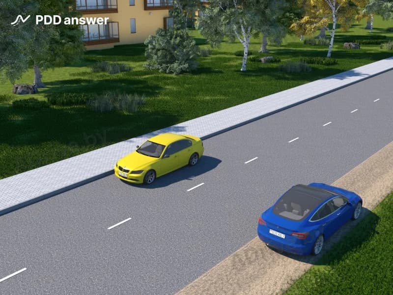 Нарушил ли Правила дорожного движения водитель синего автомобиля, совершив остановку напротив стоящего на противоположной стороне дороги жёлтого автомобиля в показанной ситуации?