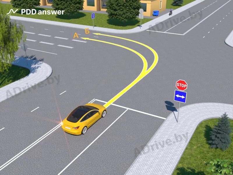По какой из указанных траекторий водитель жёлтого автомобиля осуществит поворот налево в соответствии с Правилами дорожного движения?