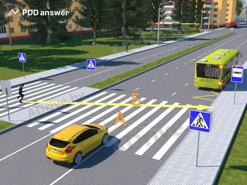 В какой из показанных точек расстояние между транспортным средством и приближающимся пешеходом должно составлять не менее двух полос движения транспортного средства (в том числе одну полосу движения и разделительную полосу или одну полосу движения и островок безопасности)?