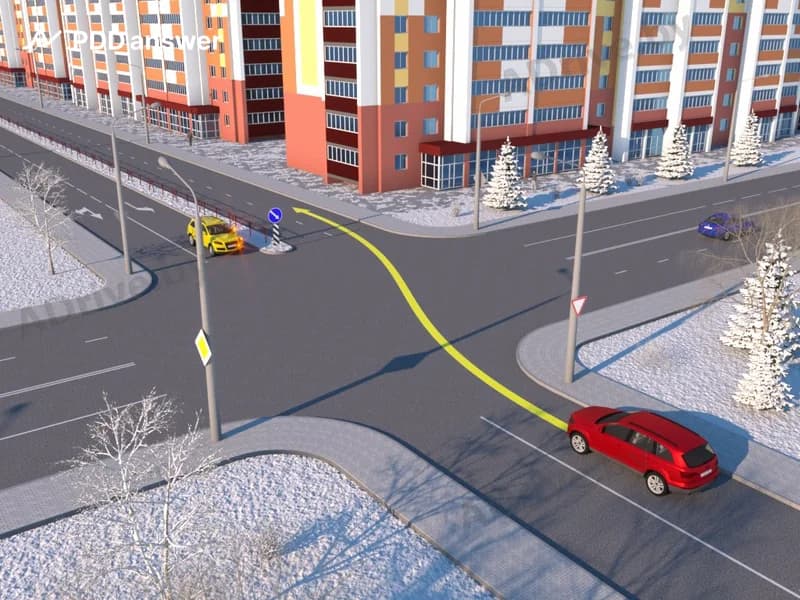 Должен ли водитель красного автомобиля при движении через перекрёсток по указанной траектории подавать сигнал световыми указателями правого поворота?