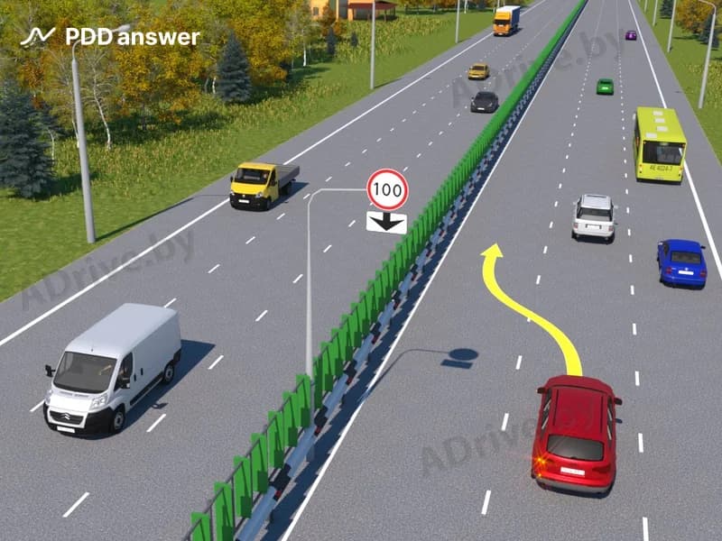 Нарушит ли водитель красного автомобиля Правила дорожного движения, перестроившись в крайнюю левую полосу движения, чтобы увеличить скорость до 100 км/ч?