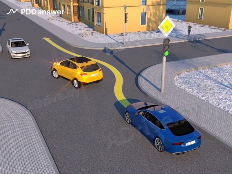 Нарушит ли Правила дорожного движения водитель синего автомобиля, совершив объезд жёлтого автомобиля на перекрёстке таким образом?