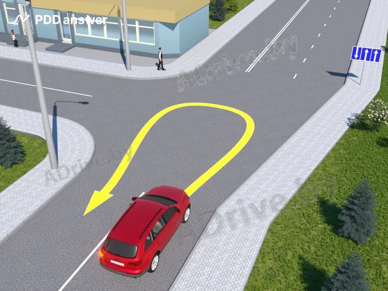 Разрешено ли водителю красного легкового автомобиля выполнить разворот на показанном перекрёстке?