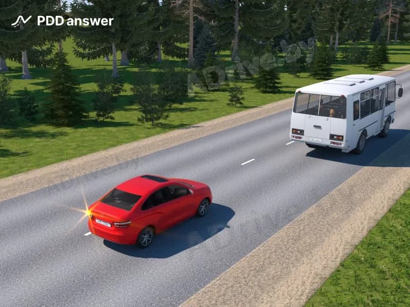 Водитель красного автомобиля подал сигнал световыми указателями поворота перед выполнением обгона. Как долго он должен подаваться?