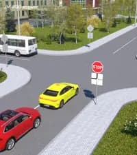 Жёлтый и красный автомобили остановились перед перекрёстком. Требуется ли водителю красного автомобиля после возобновления движения остановиться ещё перед краем пересекаемой проезжей части дороги?