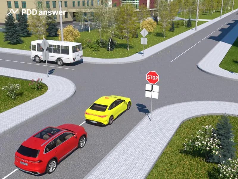 Жёлтый и красный автомобили остановились перед перекрёстком. Требуется ли водителю красного автомобиля после возобновления движения остановиться ещё перед краем пересекаемой проезжей части дороги?