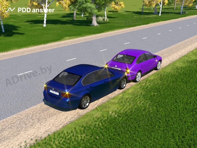 Должен ли быть выставлен знак аварийной остановки в показанной ситуации при дорожно-транспортном происшествии, если на транспортных средствах включена аварийная световая сигнализация?