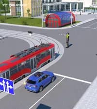 Как в показанной ситуации должен поступить водитель синего легкового автомобиля, разворачиваясь на перекрёстке?