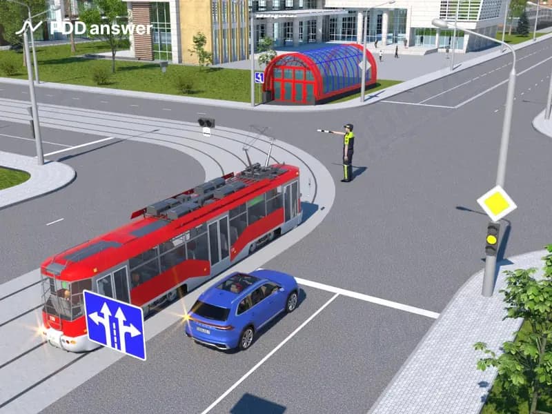 Как в показанной ситуации должен поступить водитель синего легкового автомобиля, разворачиваясь на перекрёстке?