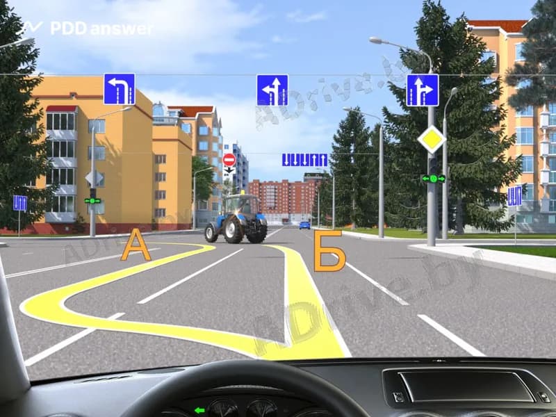 По какой из показанных траекторий Вам разрешено осуществить поворот налево при управлении легковым автомобилем?