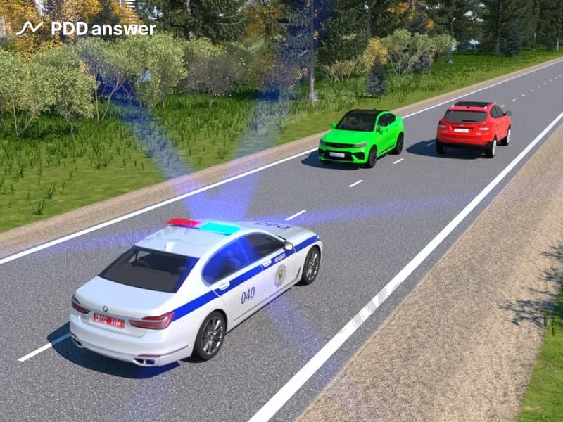 Как должны поступить в показанной ситуации водители красного и зелёного автомобилей при приближении транспортного средства оперативного назначения?