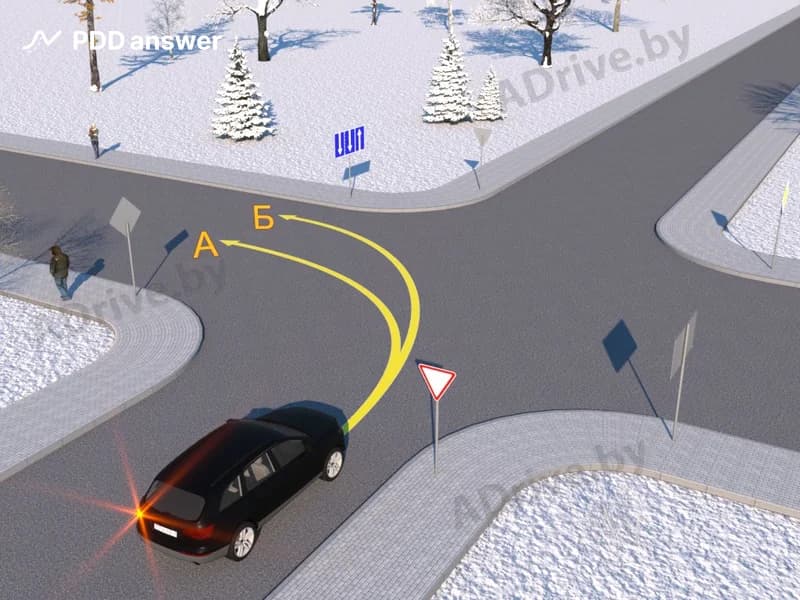 По какой траектории водителю чёрного легкового автомобиля следует выполнить поворот налево?