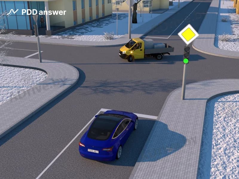 Кто в показанной ситуации имеет преимущество при проезде перекрёстка?