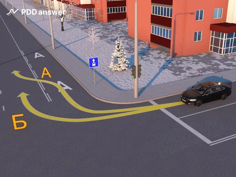 По какой траектории разрешено выполнить поворот в показанной ситуации, если автомобиль приводится в движение двигателем внутреннего сгорания?