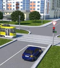 Как в показанной ситуации должен поступить водитель синего легкового автомобиля?