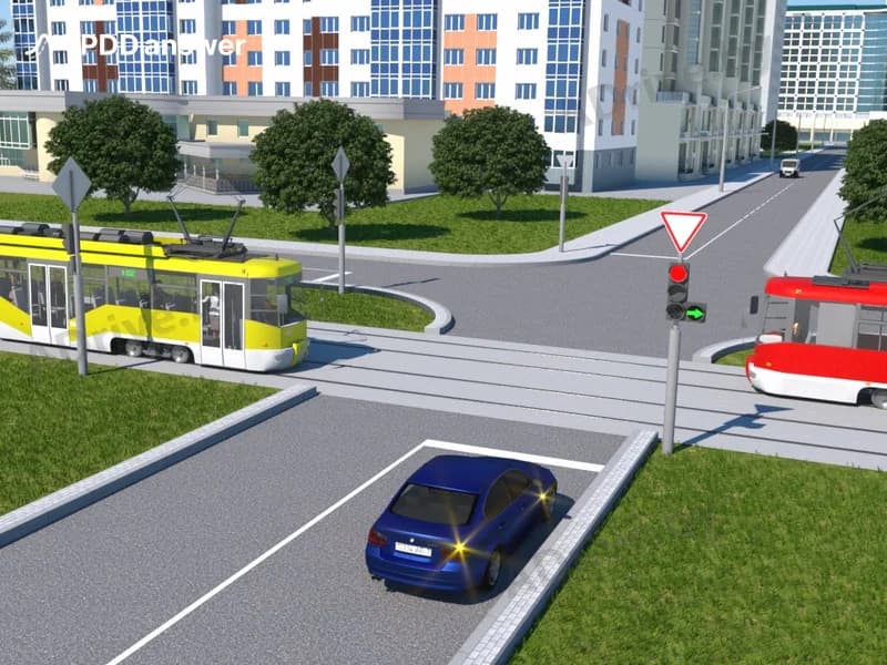 Как в показанной ситуации должен поступить водитель синего легкового автомобиля?