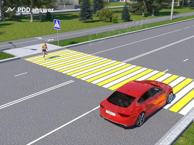 Разрешено ли водителю после пересечения траектории движения пешехода ускориться в показанной ситуации до 60 км/ч?