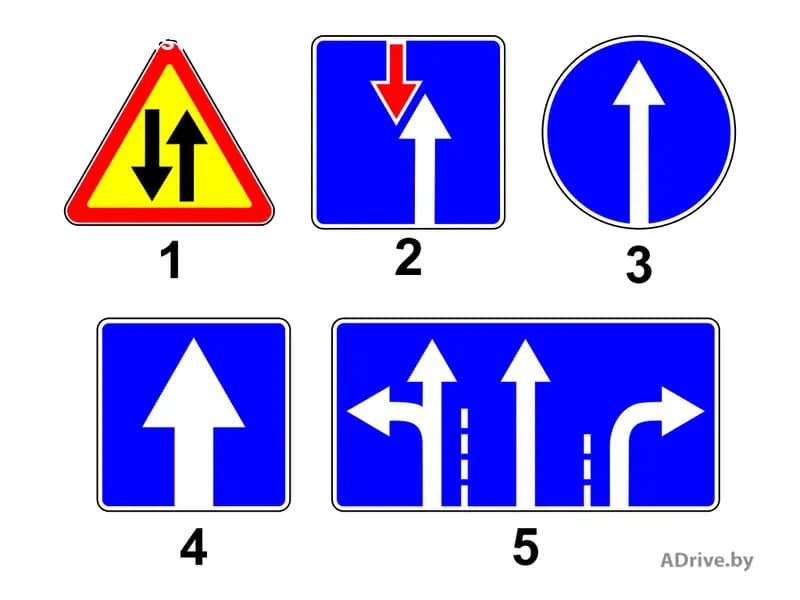 Какой из показанных на рисунке дорожных знаков информирует водителей о начале дороги, по которой движение транспортных средств по всей ширине осуществляется в одном направлении?