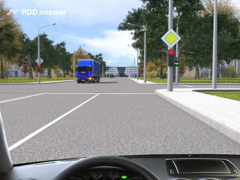 В показанной ситуации Вы намерены повернуть направо. Обязаны ли Вы при этом уступить дорогу встречному автопоезду?