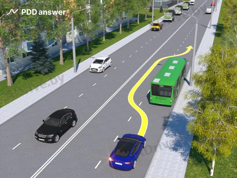 Когда водитель синего автомобиля обязан прекратить подачу левого сигнала световыми указателями поворота в показанной ситуации?