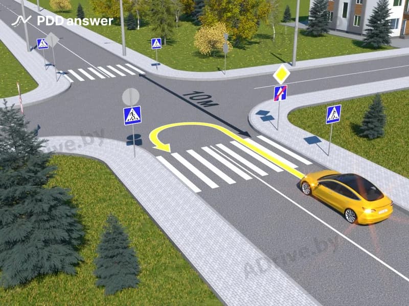 Нарушит ли Правила дорожного движения водитель жёлтого автомобиля, выполнив разворот по траектории, показанной на рисунке?