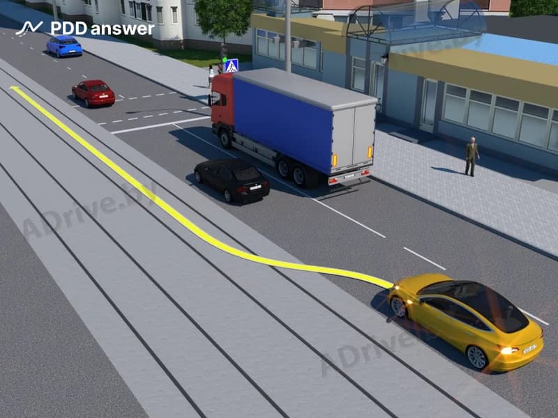 Разрешается ли Правилами дорожного движения водителю жёлтого автомобиля выполнить опережение по траектории, показанной на рисунке?