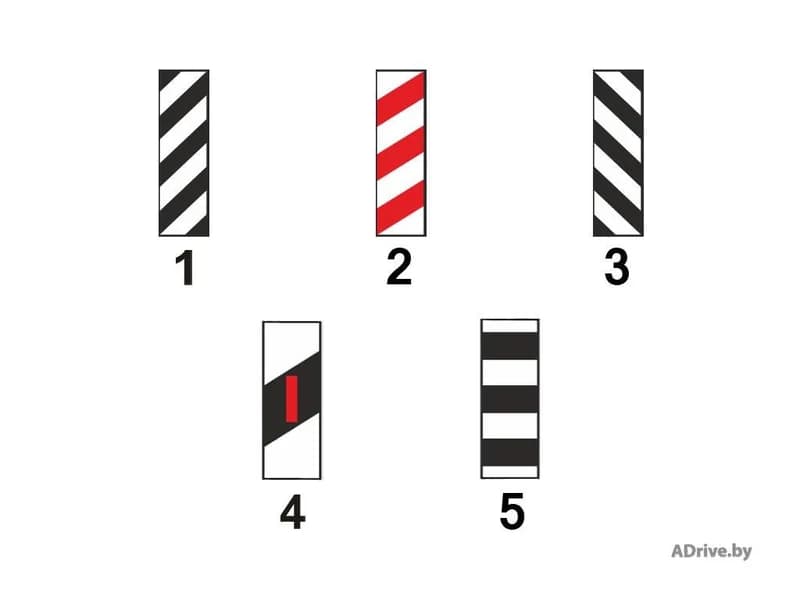 Под каким номером на рисунке показана вертикальная дорожная разметка, предназначенная для обозначения элемента дорожного сооружения, который необходимо объезжать только справа?