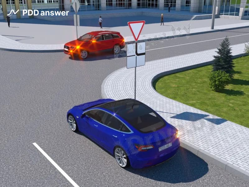 Каким по очереди должен проехать перекрёсток водитель синего автомобиля в сложившейся обстановке, если водитель красного автомобиля намерен развернуться?