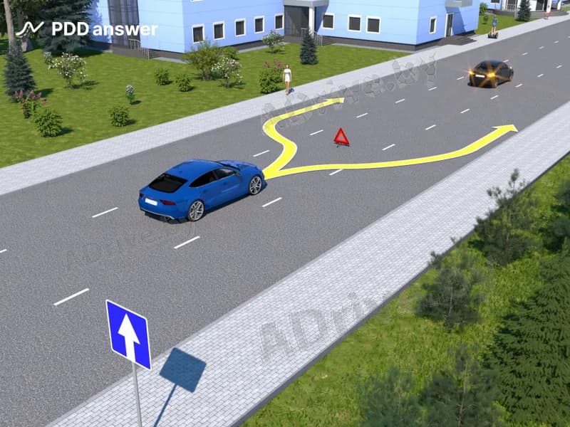 По какой из указанных траекторий разрешается произвести объезд препятствия водителю синего автомобиля?