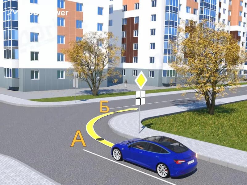 В какой точке водитель синего легкового автомобиля должен выключить световой указатель поворота в показанной ситуации?
