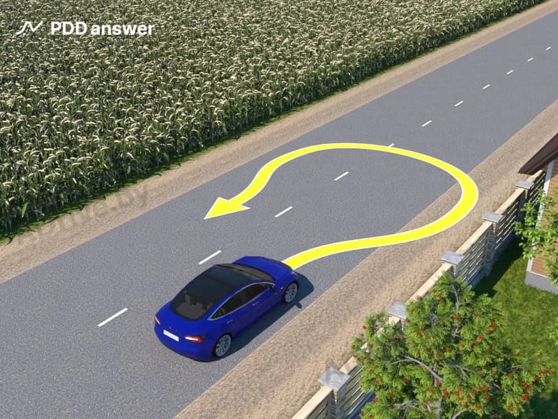 Разрешено ли водителю синего легкового автомобиля выполнить разворот по траектории, показанной на рисунке, если ширина проезжей части дороги недостаточна для его выполнения из крайнего левого положения?