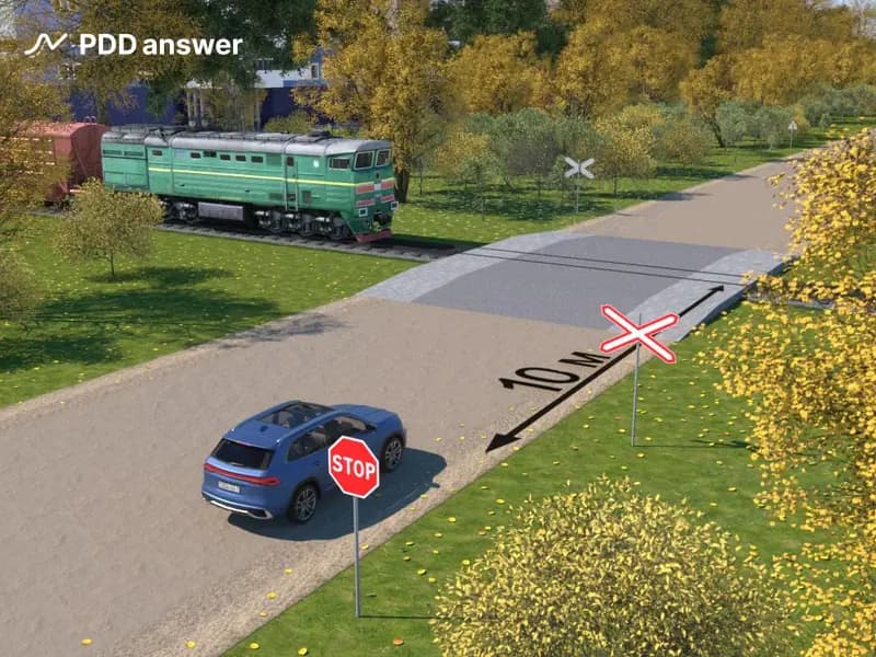 Правильно ли остановился водитель легкового автомобиля в условиях, когда движение через железнодорожный переезд запрещено?