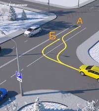 Разрешено ли водителю жёлтого легкового автомобиля повернуть направо по какой-либо из показанных траекторий для дальнейшего поворота налево на перекрёстке?