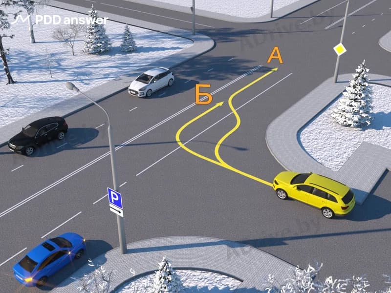 Разрешено ли водителю жёлтого легкового автомобиля повернуть направо по какой-либо из показанных траекторий для дальнейшего поворота налево на перекрёстке?