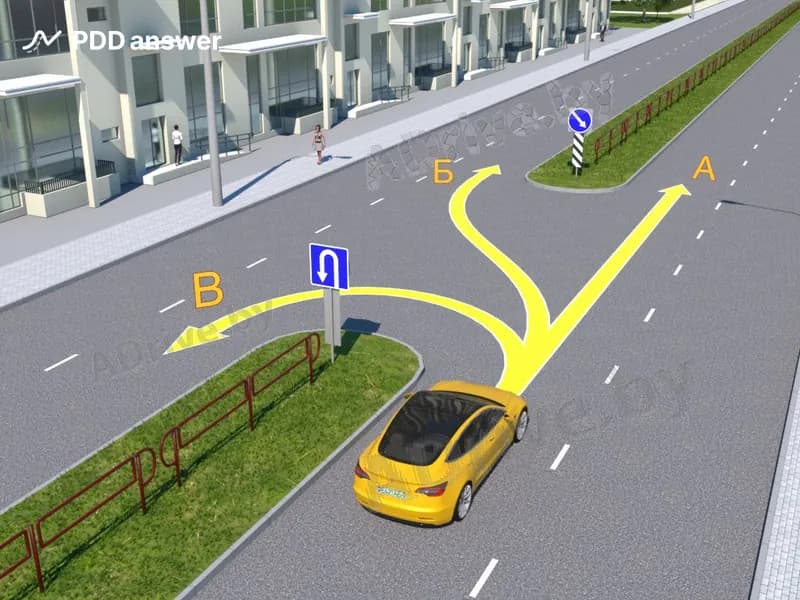 В каких направлениях из показанных стрелками на рисунке разрешается продолжить движение в населённом пункте водителю жёлтого легкового автомобиля?