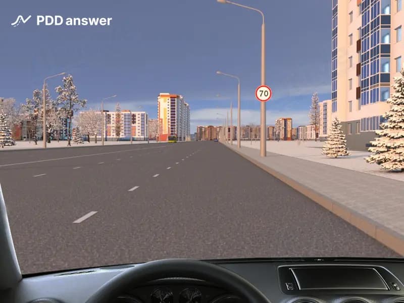 Вы двигаетесь в населённом пункте со скоростью 58-60 км/ч. В каком случае Вы не нарушите Правила дорожного движения на показанном участке дороги?