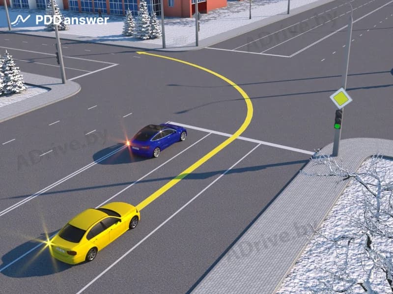 Водитель синего автомобиля остановился перед перекрёстком в крайней левой полосе движения с включёнными левыми световыми указателями поворота. Разрешено ли водителю жёлтого автомобиля осуществить поворот налево в такой ситуации со второй полосы?