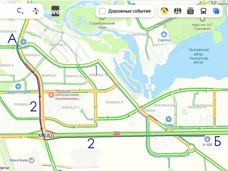 Вам необходимо доехать до заправки (из пункта «А» к пункту «Б»). Каким маршрутом следует воспользоваться, обозначенным цифрой 1 (бледная полоса) или обозначенным цифрой 2 (тёмная полоса)?