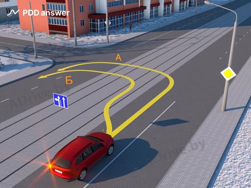 По какой траектории водитель красного автомобиля выполнит разворот в соответствии с Правилами дорожного движения?
