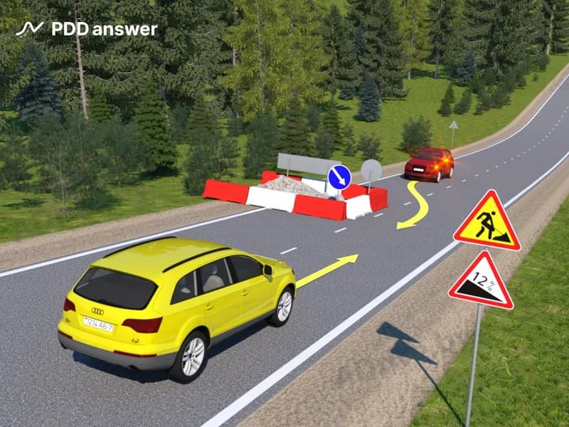 Кто из водителей в показанной ситуации обязан уступить дорогу (дорожный знак установлен непосредственно в начале спуска)?