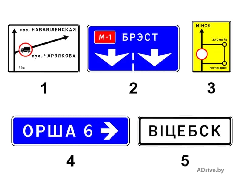 Какие из показанных на рисунке дорожных знаков информируют о направлениях движения к населённым пунктам или другим объектам?