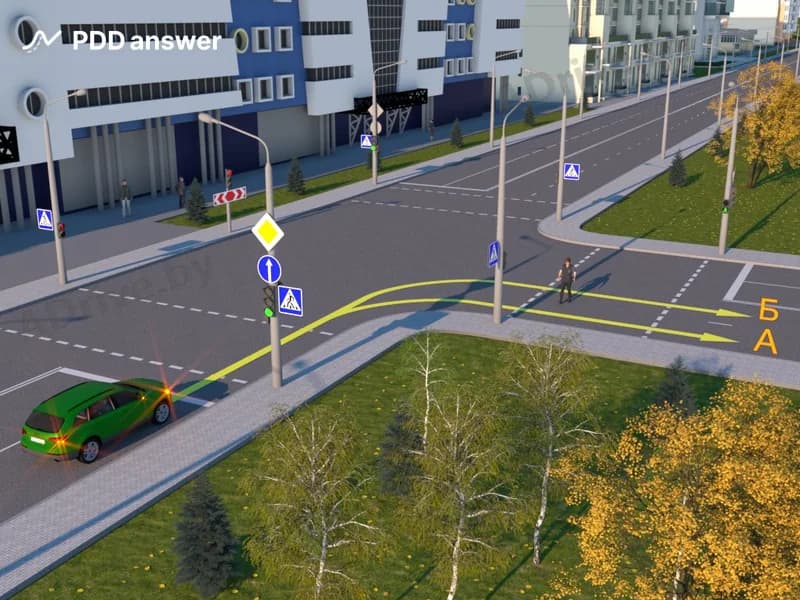 Каким образом водитель зелёного автомобиля должен выполнить поворот направо в показанной ситуации?