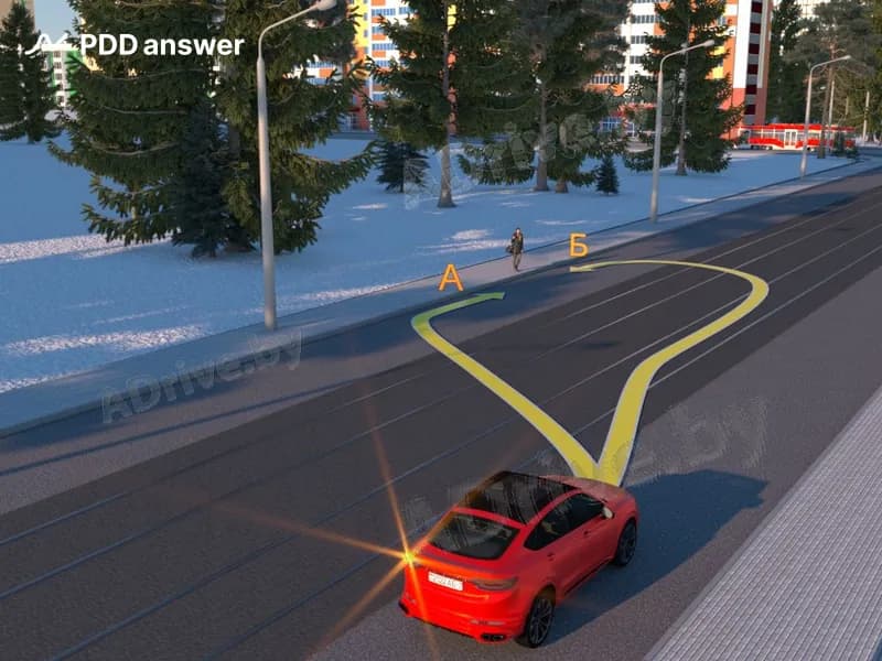 По какой траектории разрешается подъехать к краю проезжей части дороги с целью посадки пассажира в показанной ситуации?
