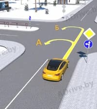 По какой из показанных на рисунке траекторий водителю жёлтого автомобиля разрешено совершить разворот?