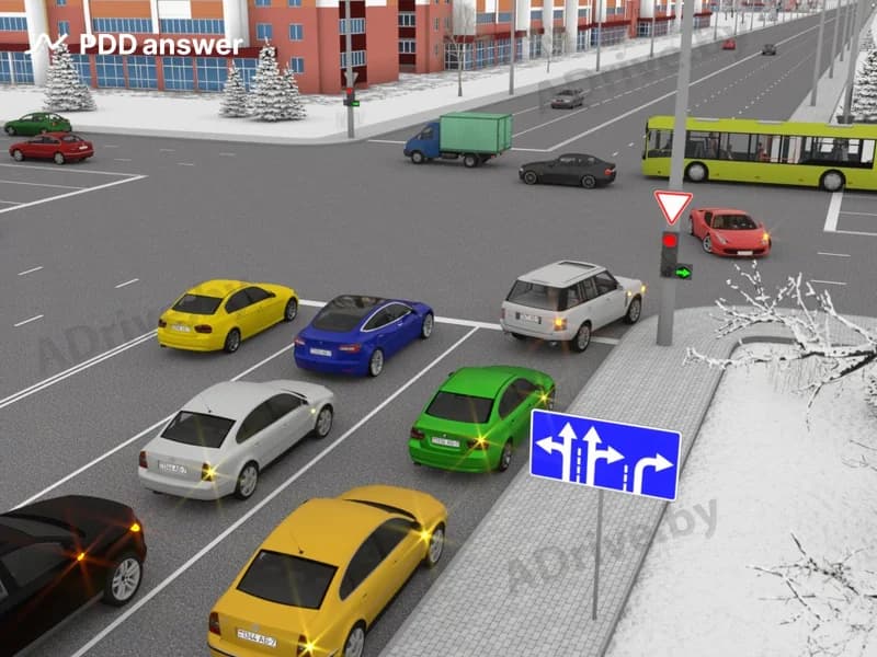 Как поступить водителю синего легкового автомобиля, если ему необходимо проехать перекрёсток прямо?